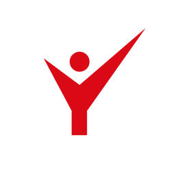 A white background with a check mark looking logo that has a head & feet